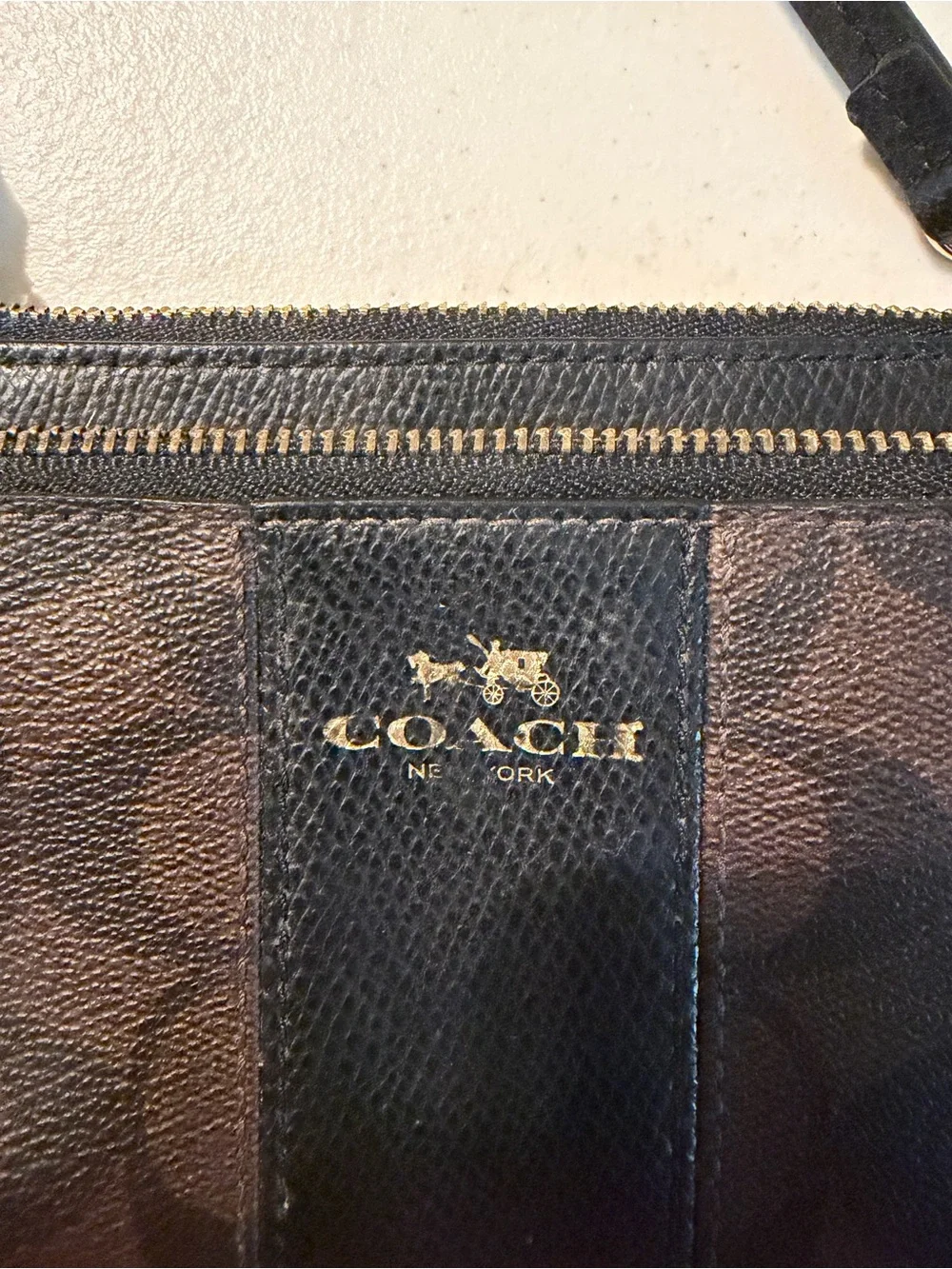 Coach Brown Signature Small Wristlet with Black Trim